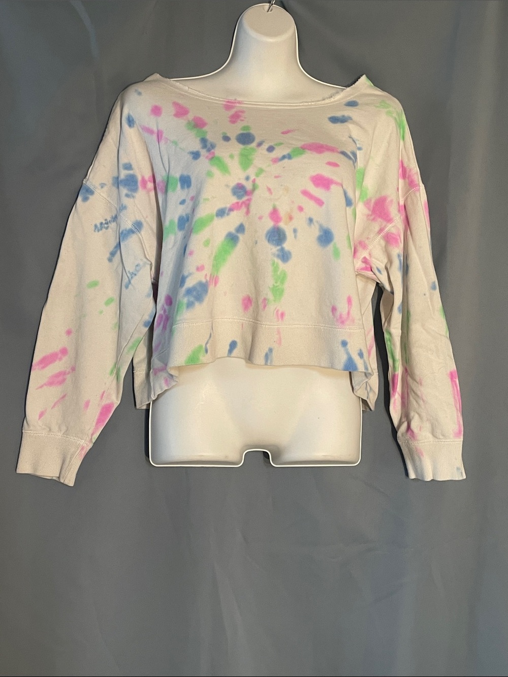 Jenni White Tie-Dye Crewneck Sweater with Pink, Blue & Green